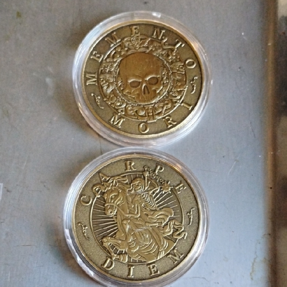 Gold Etched Memento Mori and Carpe Diem Coin Pair (NEW)